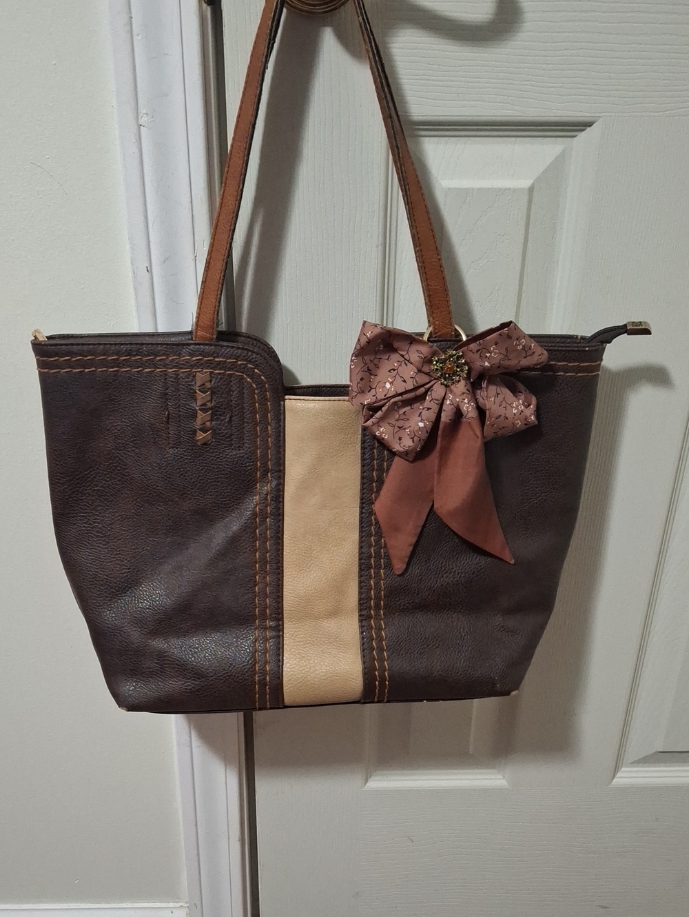 Montana West Brown Tote With Tan Stripe and Brown Decorative Bow Accent